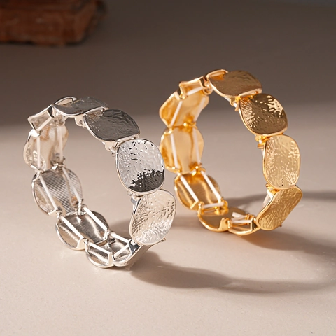 Alloy Hammered Metal Disc Elastic Bracelet For Women Minimalist Geometric Round Piece Stretch Bangle Fashion Jewelry
