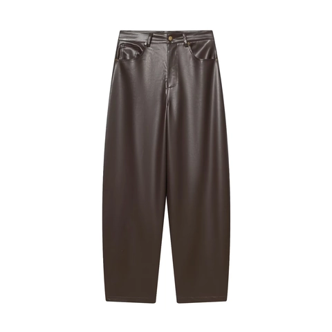 Women Faux Leather Pants High Waist Wide Leg Solid Color PU Trousers Casual Deep Brown Loose Fashionable Style
