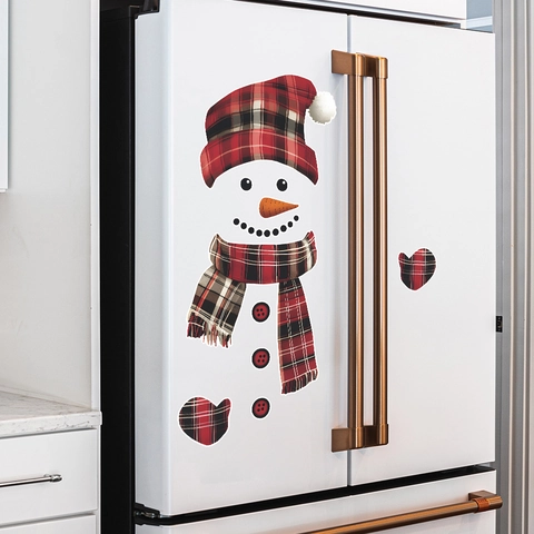 Christmas Snowman Fridge Stickers PVC Red Black Plaid Tartan Holiday Kitchen Wall Decals Decorative Removable