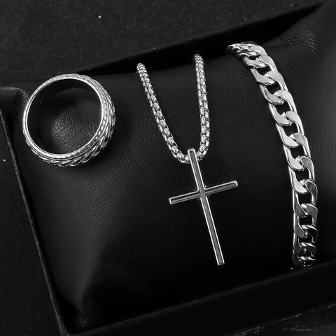 Titanium Steel Cross Arrow Pendant Necklace Cuban Link Bracelet Textured Ring Jewelry Set For Men Women Streetwear