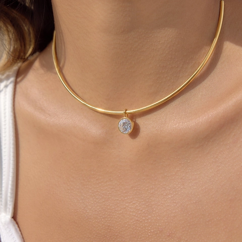 Minimalist Stainless Steel Gold Plated Rigid Choker Necklace With Zirconia Pendant Elegant Geometric Jewelry For Women Gift