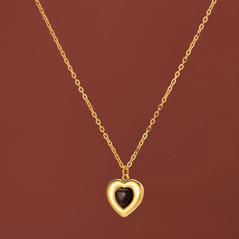 Heart Pendant Necklace Stainless Steel Gold Plated Snake Chain Black Enamel Heart Jewelry For Women Vintage Ins Style
