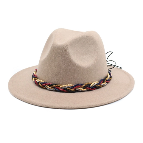 Fedora Hat Wide Brim Cotton Polyester Wool Felt Jazz Cap Colorful Braided Band Vintage British Style Women Men