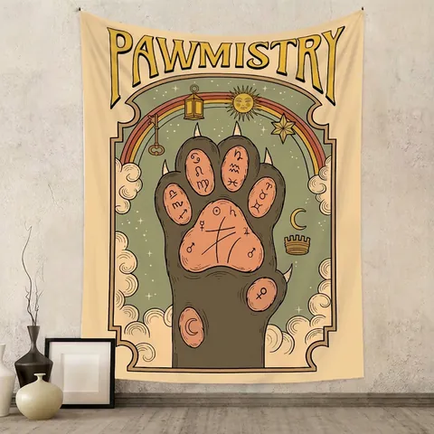 Tapestry Wall Hanging Polyester Tarot Cat Mystic Astrology Bohemian Vintage Illustration Home Decor Bedroom Background