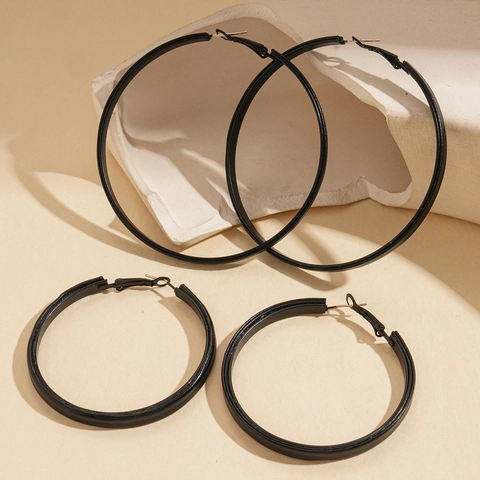 Matte Black Geometric Hoop Earrings With Leather And 925 Sterling Silver Earring Post Large Minimalist Punk Style