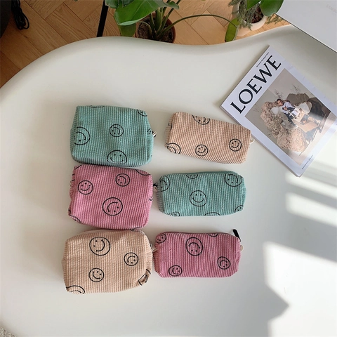 Borsa Per Cosmeci In Velluto A Coste Faccina Sorridente Pois Astuccio Con Cerniera Per Organizzazione Viaggi
