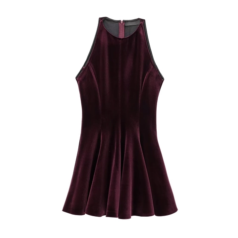 Women Velvet Halter Mini Dress Backless Sleeveless A-Line Solid Color Sexy Elegant Party Clubwear Dress