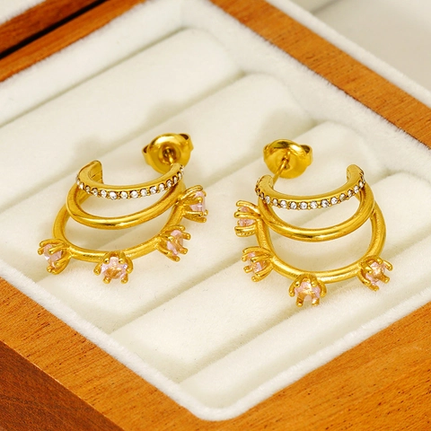 Meerlaagse Hoop Oorbellen 18K Verguld Roestvrij Staal Met Zirkoon Geometrisch Ontwerp Mode Sieraden Voor Dames
