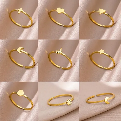 Anillo Abierto de Acero Inoxidable Minimalista para Mujer Vintage Color Oro Plata Sol Luna Estrella Corazón Concha Anello Ajustable Joyería