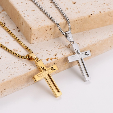 Collar Con Colgante De Cruz De Acero Inoxidable 304 Para Hombre Joyería Religiosa De Oración Grabada Estilo Individual Cadena
