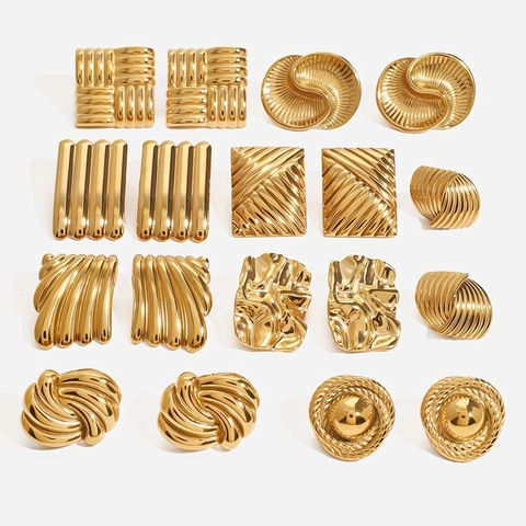 Chunky Stainless Steel Stud Earrings 18K Gold Plated Geometric Textured Wave Pattern Hypoallergenic For Women