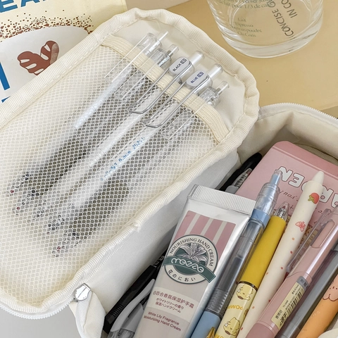 Large Capacity Quilted Cotton Pencil Case Portable Student Stationery Storage Bag Macaron Color Minimalist Aesthetic