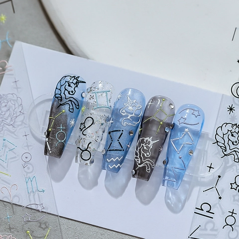 Nail Art Stickers 5D Embossed Adhesive Zodiac Constellation Unicorn Star Moon Designs Thin DIY Decoration Manicure