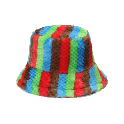 Cappello Alla Pescatora In Pelliccia Sintetica A Righe Arcobaleno Peluche Caldo Invernale Da Donna