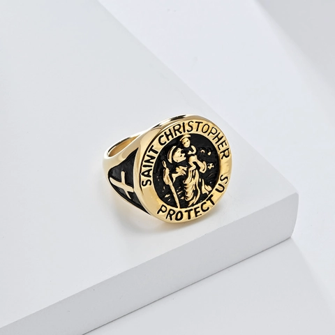 Vintage Saint Christopher Protect Us Stainless Steel Relief Ring For Men Women Religious Cross Motif Jewelry Accessory
