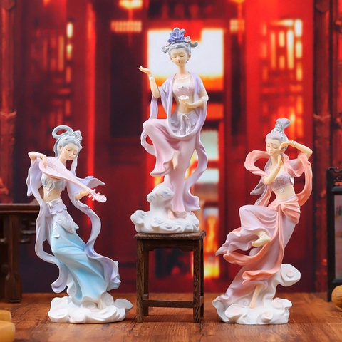 Dunhuang Flying Apsaras Maiden Figurine Resin Ancient Chinese Style Desk Decor Ornament Cute Retro Goddess Statue