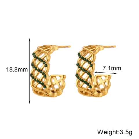Stainless Steel Hollow Lattice C-Shape Hoop Earrings With Rhinestone For Women Gold Color Geometric Jewelry Gift