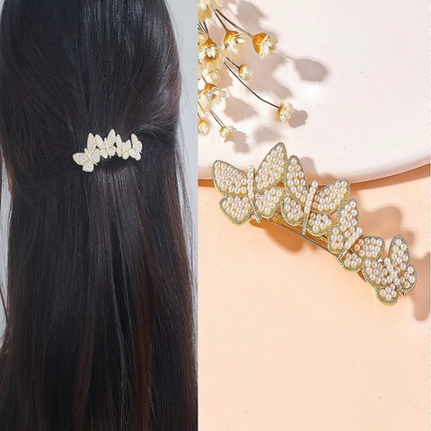 Butterfly Hair Clip Zinc Alloy With Faux Artificial Pearls And Rhinestones Korean Style Spring Clip For Women Elegant