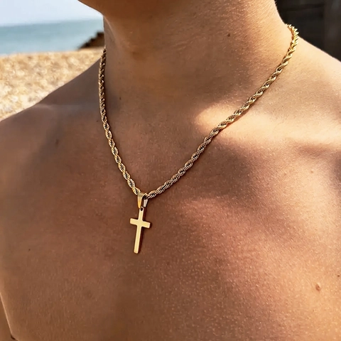 Collana con Pendente a Croce in Acciaio al Titanio Minimalista per Uomo Oro Argento Nero Catena a Corda Gioielli alla Moda di Fascia Alta