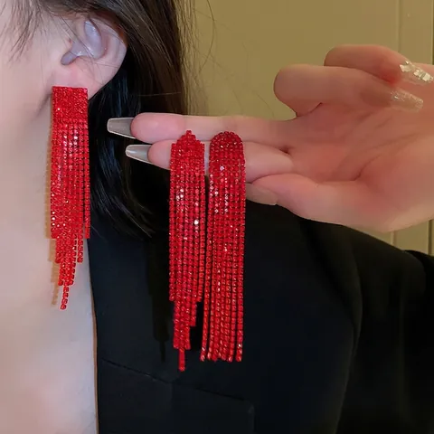 Rote Strass Lange Quaste Hängeohrringe Mit 925 Sterling Silber Ohrstecker Kupfer Geometrisch Glänzend Schmuck Damen