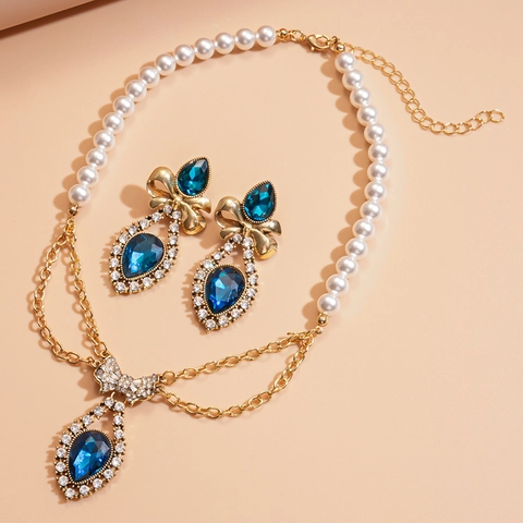 Collana E Orecchini Stile Corte Vintage Con Künstliche Perle Sintetiche Pietra Blu Strass Fiocco Silver Earring Post