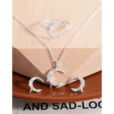 Crescent Moon Pendant Necklace 925 Sterling Silver Zirconia Inlaid Minimalist Style Jewelry For Women