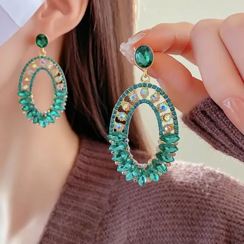 Legierung Grüne Strass Hohl Oval Ohrringe Mit Silbernem Ohrstecker Französisch Vintage Luxus Eleganter Schmuck Für Damen