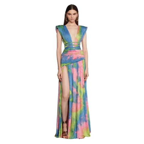 Robe Maxi Tie Dye À Col En V Profond Sans Manches Avec Fente Haute Froncée Imprimé Abstrait Été Sexy