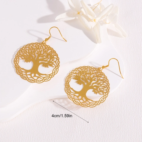 Tree Of Life Hänger Ohrringe Edelstahl Hohl Rund Goldfarben Mode Schmuck Für Damen