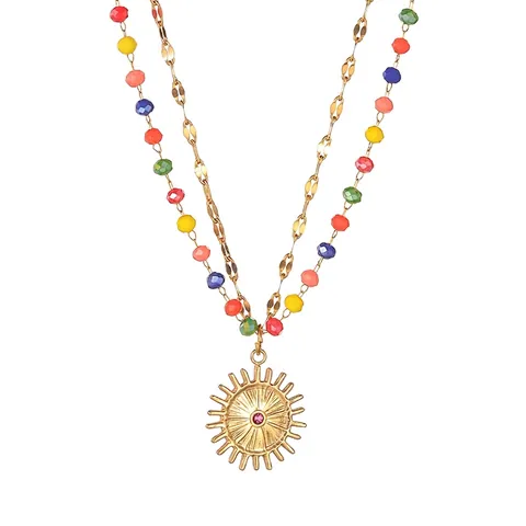 Stainless Steel Double Layer Beaded Necklace For Women Gold Plated Flower Sun Pendant Multicolor Beads Fashion Jewelry Necklace