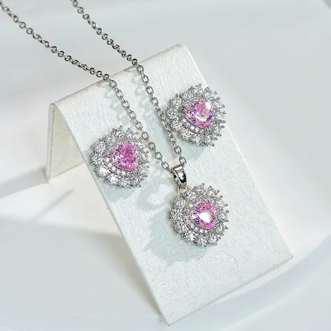 Fashion Copper Heart Zirconia Jewelry Set For Women Red Pink White Heart Pendant Necklace And Earrings Set Elegant Commute Jewelry