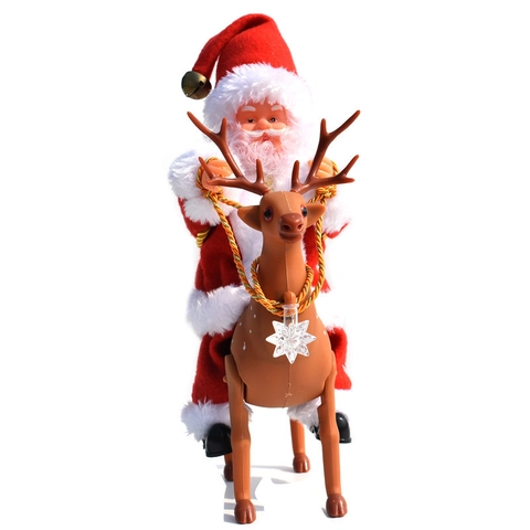 Electric Music Santa Claus Riding Reindeer Figurine Christmas Decoration Plush Plastic Ornament Kids Toy Gift