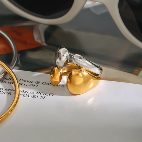Irregular Stainless Steel Ring Two Tone Gold Silver Mixed Minimalist Geometric Organic Adjustable Waterproof Jewelry For Women