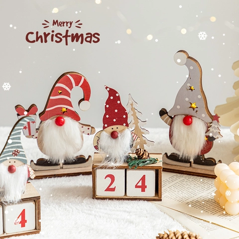 Calendrier De L'Avent De Noël En Bois Père Noël Bonhomme De Neige Gnome Ornements Décoration De Table Festive Blocs De Date