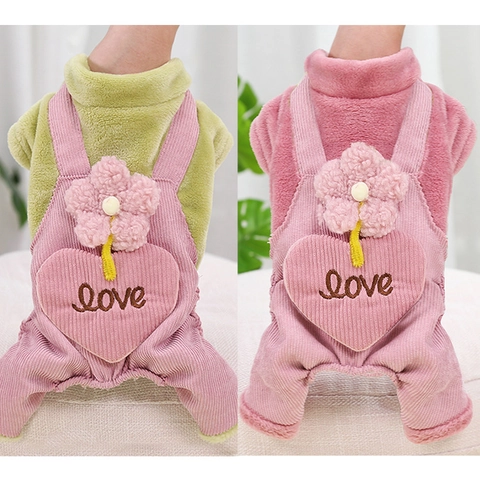 Haustier Hund Overall Warm Verdicktes Fleece Cord Overall Herz Tasche Blume Süße Winter Kleidung Für Kleine Hunde Katzen