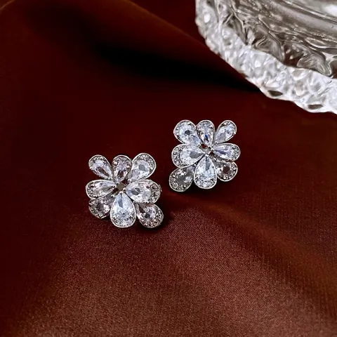 Elegant Flower Stud Earrings Copper Zircon Water Drop Luxury Fashion For Women With 925 Sterling Silver Earring Post