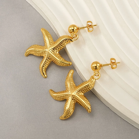 Starfish Drop Earrings 18K Gold Plated Stainless Steel Textured Ocean Series Marine Style Jewelry For Women Fashionable