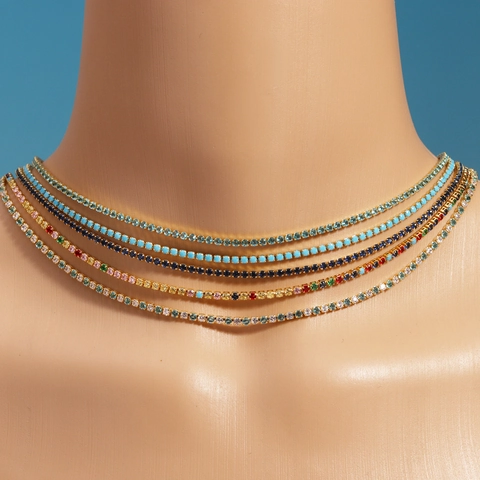 Colorful Cubic Zirconia Tennis Necklace For Women Simple Gold Plated Brass Choker Minimalist Jewelry Aesthetic Accessory