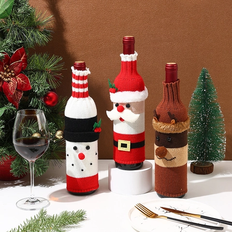 Christmas Knitted Wine Bottle Covers Santa Claus Snowman Elk Design Festive Table Decor For Xmas Party Dining Atmosphere