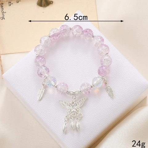 Handmade Glass Glaze Ice Crackle Beaded Bracelet With Metal Heart Butterfly Key Clover Charm Fashion Jewelry For Women