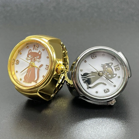 Finger Ring Watch With Cat Pattern Elastic Stainless Steel Band Alloy Case Quartz Movement Creative Minimalist Jewelry For Women Men