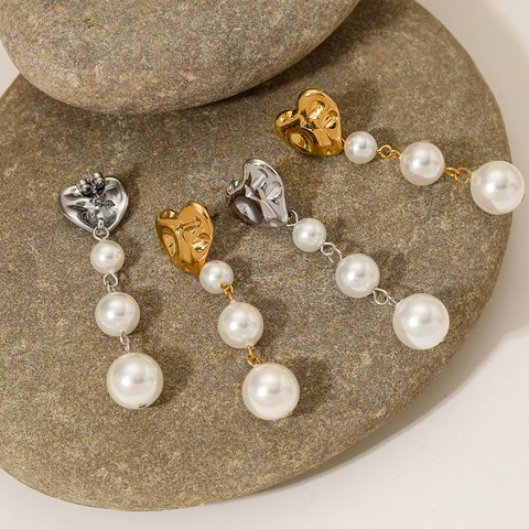 Heart Shaped Artificial Pearl Drop Earrings Stainless Steel Textured Graduated Faux Artificial Pearl Tassel Retro Ins Style Fashion Jewelry