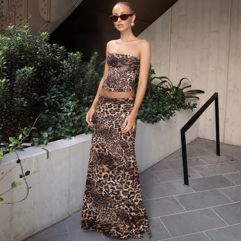 Dames Tube Top En High Waist Maxi Rok Polyester Elastaan Bloemen Luipaardprint Slim Fit Sexy Zomer Vakantie Outfits