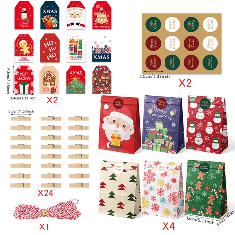 Christmas Gift Bags Kraft Paper Wooden Clips Holiday Tags Round Stickers Cotton Rope Decorative Wrapping