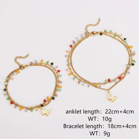 Pulsera Y Tobillera De Mariposa De Doble Capa Acero Inoxidable Cuentas De Colores Joyería De Moda Mujer