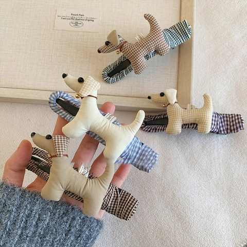 Süße Dackel Welpen Haarklammer Karierter Stoff Entenschnabel Clip Mit Glocke Cartoon Haarschmuck Für Frauen Mädchen
