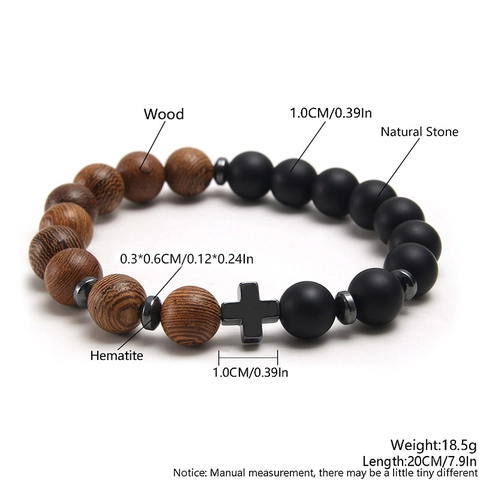 Bracciale Perline Croce Legno Naturale Pietra Opaca Agata Ematite Gioielli Religiosi Elastici Regalo Battesimo Uomo Donna