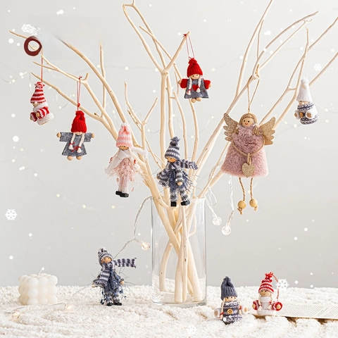 Christmas Hanging Doll Ornaments Knitted Cloth Felt Wood Angel Gnome Pendants For Tree Decor Handmade Nordic Style