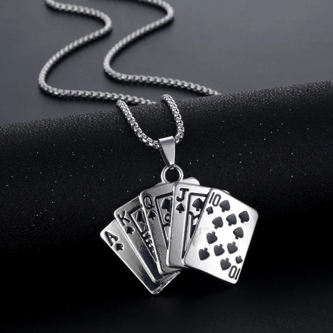 Collana Con Pendente Poker Royal Flush Hip Hop Punk Lega Strass Tono Argento Accessorio Moda Per Uomo Donna
