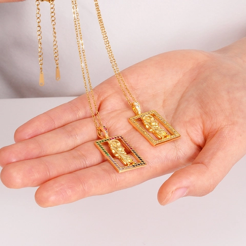 Collana Pendente San Giuda Rame Placcato Oro Rettangolare Zirconia Colorata Intarsiata Gioielli Religiosi Hip Hop Donne